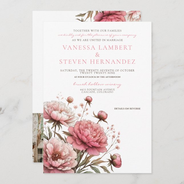 Invitación Gran Boda de flores rosadas (Anverso / Reverso)