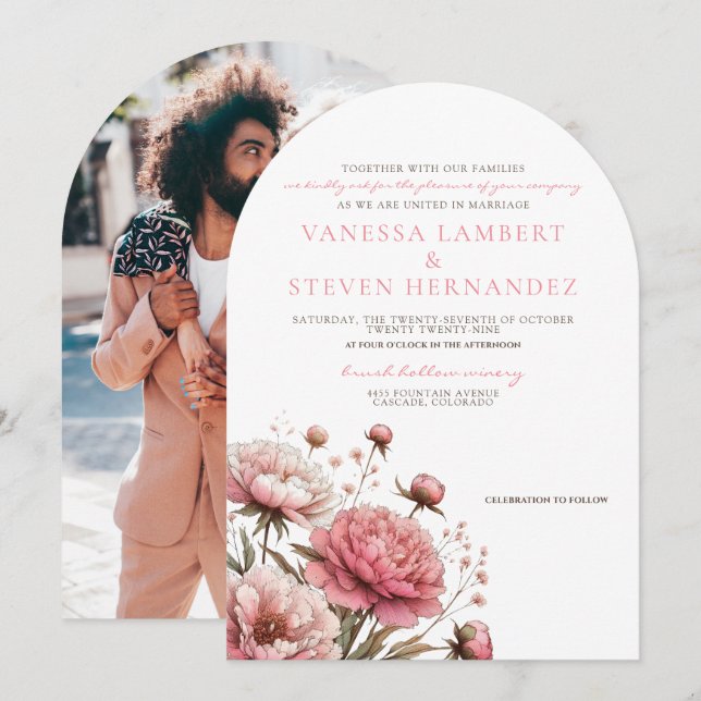 Invitación Gran Boda de flores rosadas (Anverso / Reverso)