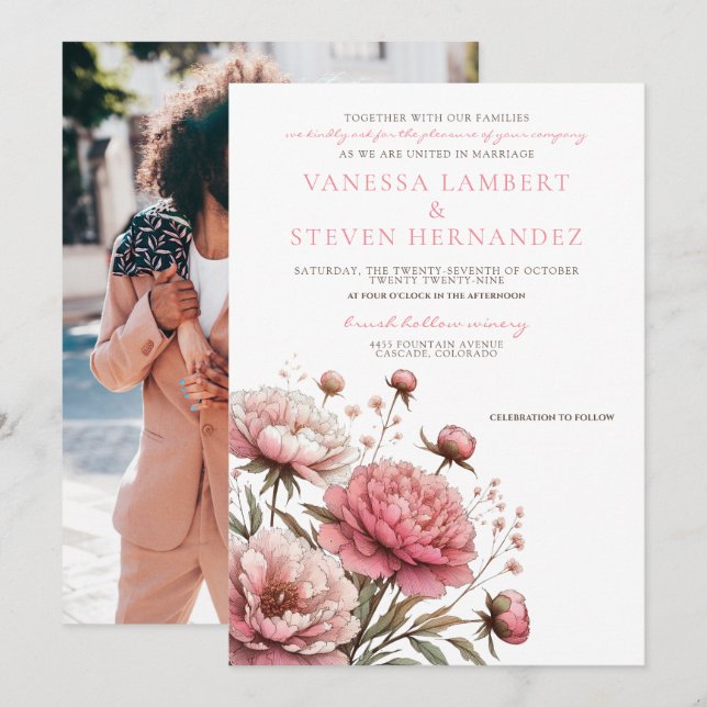 Invitación Gran Boda de flores rosadas (Anverso / Reverso)