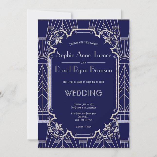 Invitación Gran Boda de Gatsby 20 de lujo de la Marina Plata  (Anverso)