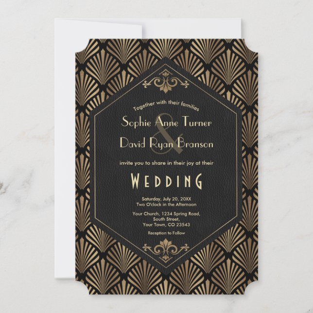 Invitación Gran Boda de Gatsby negro dorado de Royal Roaring  (Anverso)