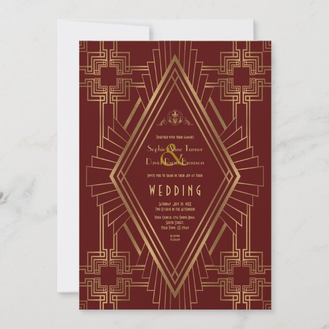 Invitación Gran Boda de Gatsby Royal Burgundy Gold (Anverso)