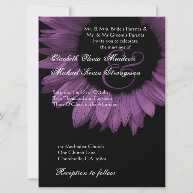 Invitación GRAN Boda de girasol morado y negro (Anverso)