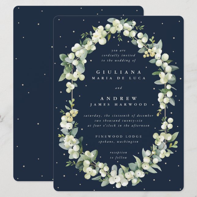 Invitación Gran Boda de la Marina Oscura Snowberry+Eucalyptus (Anverso / Reverso)