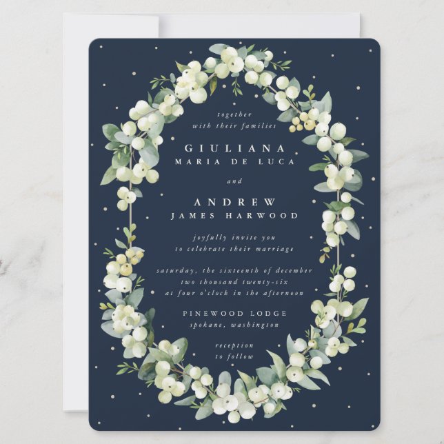 Invitación Gran Boda de la Marina Oscura Snowberry+Eucalyptus (Anverso)