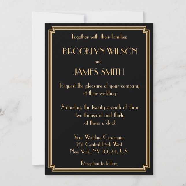 Invitación Gran Boda de Oro Negra de Gatsby Art Deco (Anverso)