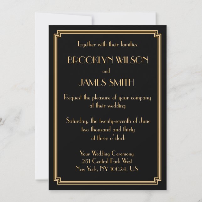 Invitación Gran Boda de Oro Negra de Gatsby Art Deco (Anverso)