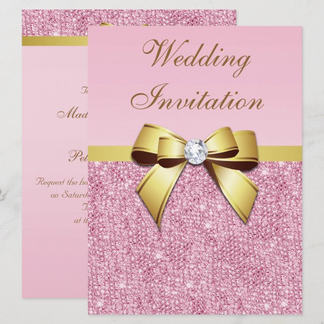 Invitación Gran Boda Faux Pink Sequins Gold Bow (Anverso / Reverso)