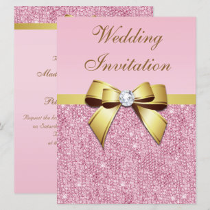 Invitación Gran Boda Faux Pink Sequins Gold Bow
