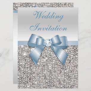 Invitación Gran Boda Faux Silver Secuencias Dusty Blue Bow