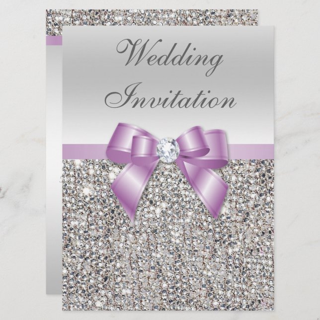Invitación Gran Boda Faux Silver Secuencias Lilac Bow (Anverso / Reverso)