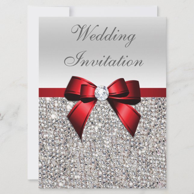 Invitación Gran Boda Faux Silver Secuencias Red Bow (Anverso)