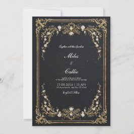 Invitación Gran Boda floral negro y dorado