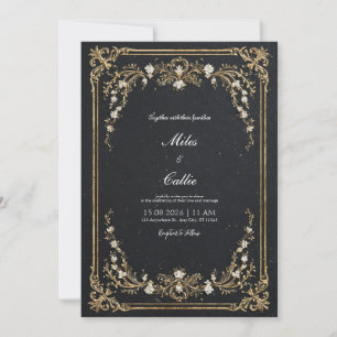 Invitación Gran Boda floral negro y dorado