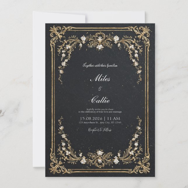Invitación Gran Boda floral negro y dorado (Anverso)