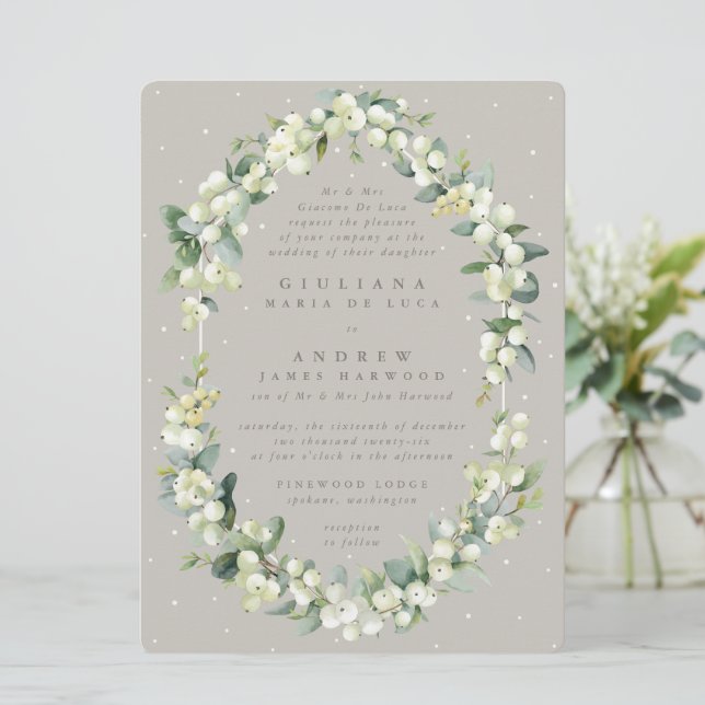 Invitación Gran Boda formal de arándanos de nieve + eucalipto (Anverso de pie)