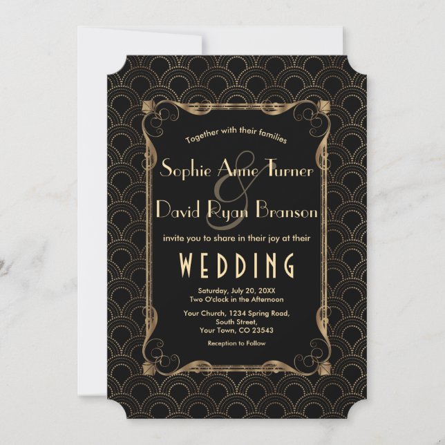 Invitación Gran Boda Gatsby de oro de Hollywood (Anverso)