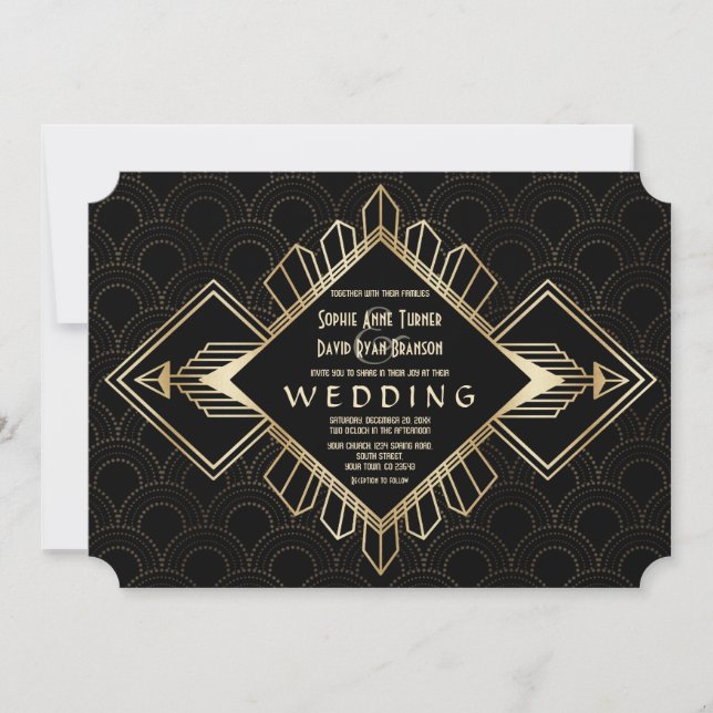 Invitación Gran Boda Gatsby de oro negro de los años 20 (Anverso)