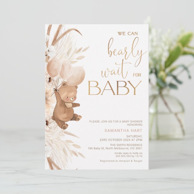 Invitación Gran Boho Floral Bearly Wait for Baby Baby Shower (Anverso de pie)