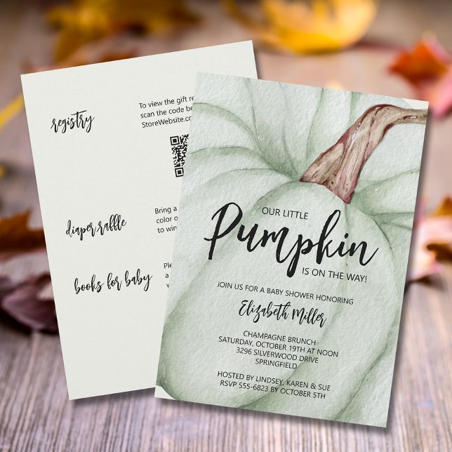 Invitación Gran calabaza verde Baby Shower todo en uno (Green pumpkin baby shower all in one invitations,  registry, diaper raffle & books for baby on back)
