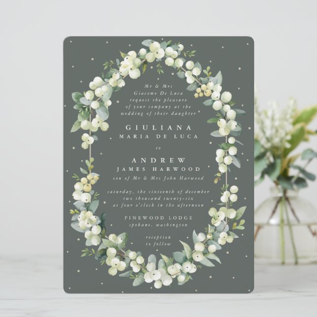 Invitación Gran cereza verde formal de nieve + Boda de eucali (Anverso de pie)