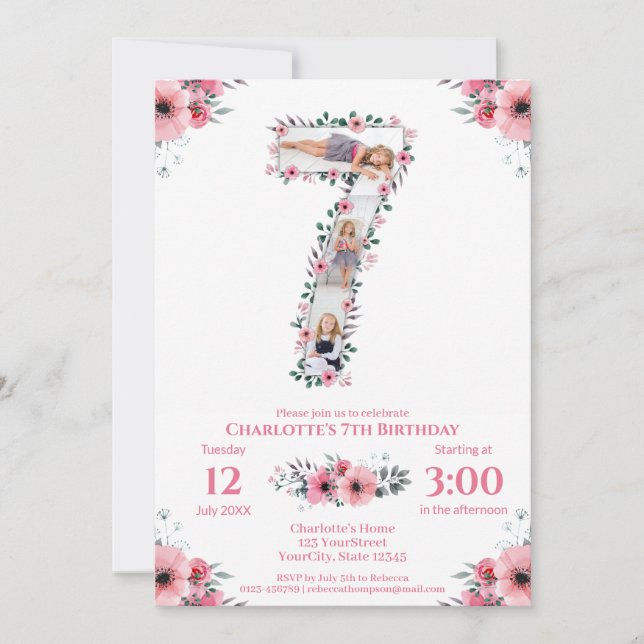 Invitación Gran Chica de cumpleaños Collage de fotos Flor ros (Anverso)
