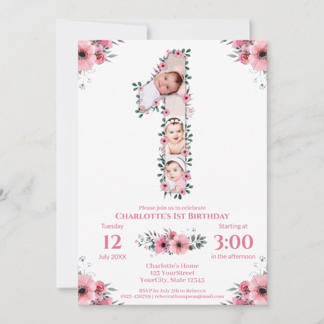 Invitación Gran Chica de cumpleaños Collage de fotos Flor ros (Anverso)