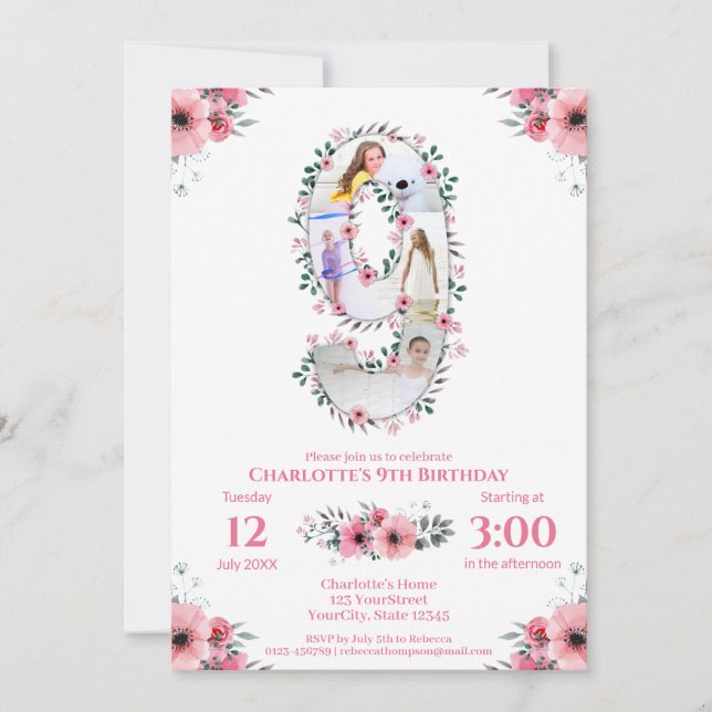 Invitación Gran Chica de cumpleaños Collage de fotos Flor ros (Anverso)