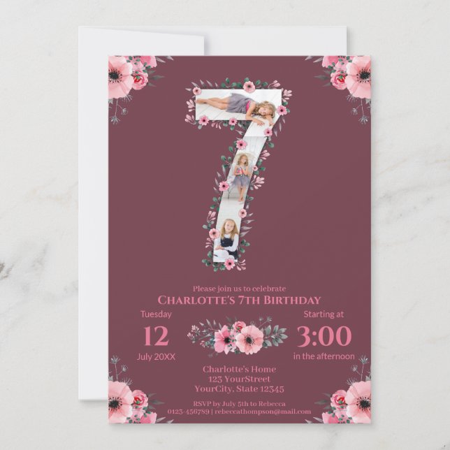 Invitación Gran Chica de cumpleaños Collage de fotos Flor ros (Anverso)
