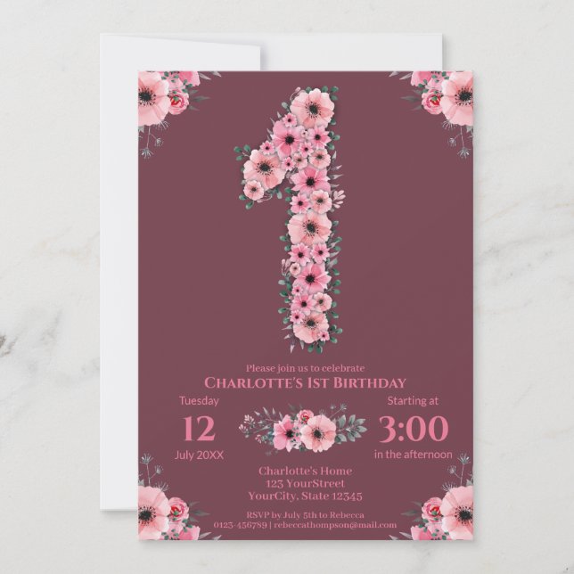 Invitación Gran Chica de Flores Rosa de Cumpleaños Foliage Ve (Anverso)