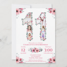 Invitación Gran Chica del 11° cumpleaños Collage de fotos Flo