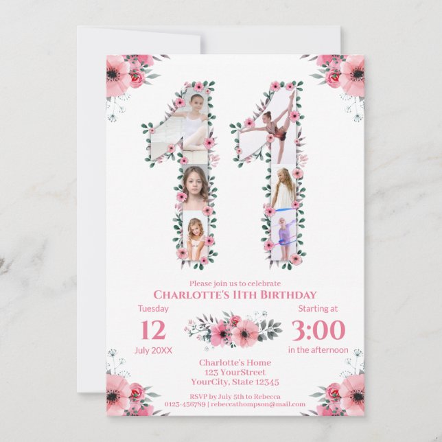 Invitación Gran Chica del 11° cumpleaños Collage de fotos Flo (Anverso)