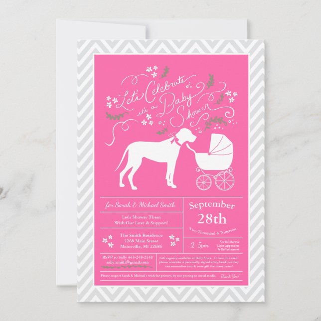 Invitación Gran Chica rosado de Baby Shower Dane Dog (Anverso)