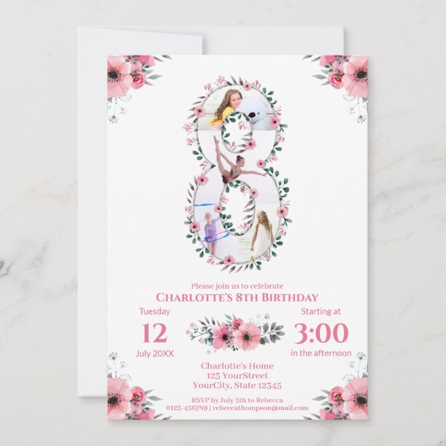 Invitación Gran Collage de fotos Chica de cumpleaños 8 Flor r (Anverso)