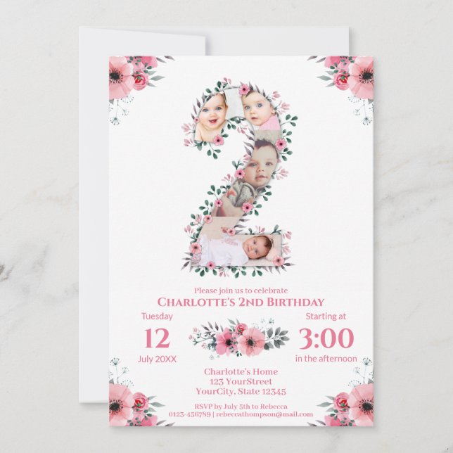 Invitación Gran Collage de fotos de Chica de cumpleaños  Flor (Anverso)