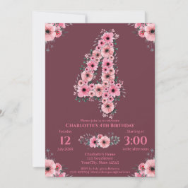 Invitación Gran cuarto cumpleaños de flores rosadas Chica fol