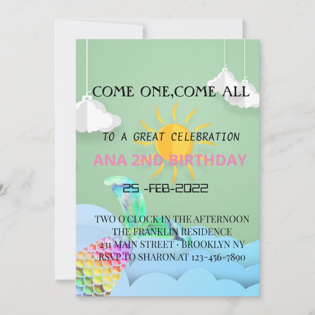 Invitación Gran diseño de cielo marino y sirenas para tus prí (Anverso)