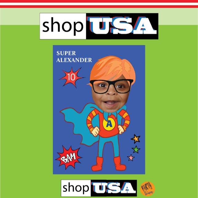 Invitación Gran diversión de superhéroe con imagen de niño ("Personalized superhero birthday card"
"Custom superhero birthday card"
"Superhero card with child's)