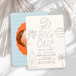 Invitación Gran Doodle de Tabla de Surf Azul Foto Cumpleaños