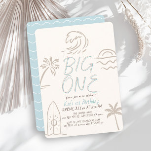 Invitación Gran Doodle de Tabla de Surf Azul para Cumpleaños