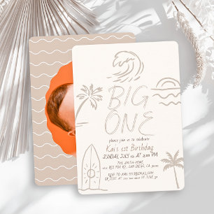 Invitación Gran Doodle de Tabla de Surf Foto Beige Cumpleaños