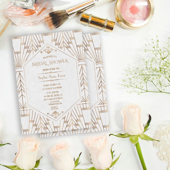 Invitación Gran ducha de novias Royal Gold White Gatsby de lo (trendy white gold Art Deco bridal shower invitation, roaring 20s elegant bridal shower invite, )