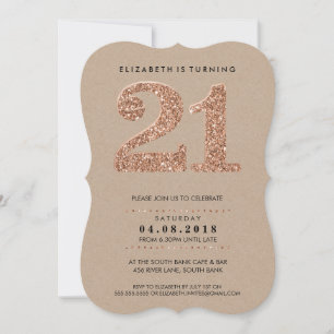 Invitación GRAN EDAD NÚMERO kraft fresco 21 rosa purpurina de
