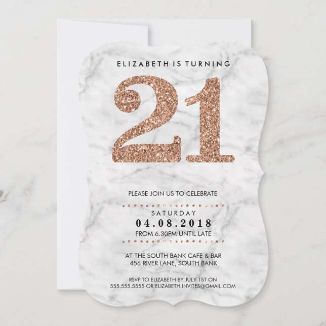 Invitación GRAN EDAD NÚMERO mármol fresco 21 rosa purpurina d (Anverso)