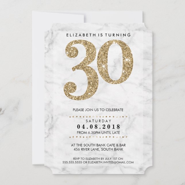 Invitación GRAN EDAD NÚMERO mármol moderno 30 purpurina de or (Anverso)