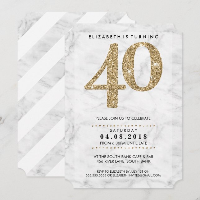 Invitación GRAN EDAD NÚMERO mármol moderno 40 purpurina de or (Anverso / Reverso)