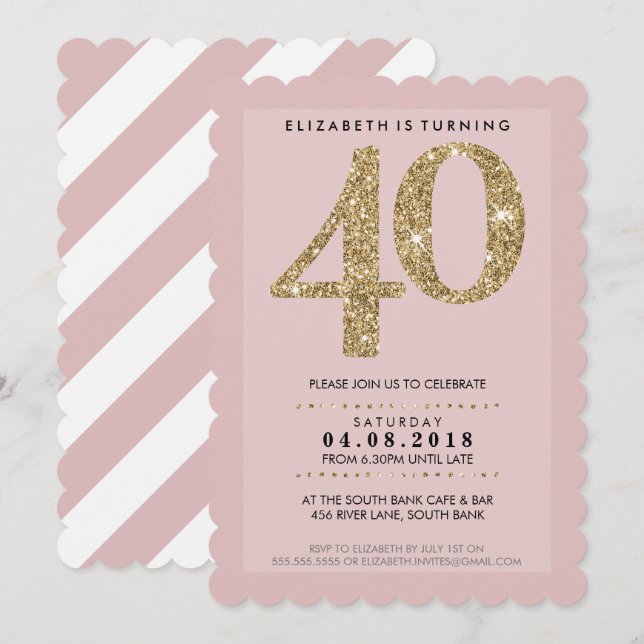 Invitación GRAN EDAD NÚMERO moderno 40 purpurina de oro rojo (Anverso / Reverso)