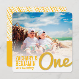 Invitación Gran Esbozo Amarillo Un Bebé Gemelo Primer Fiesta 