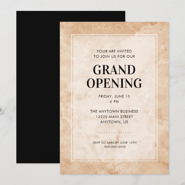 Invitación Gran evento de apertura | Fondo De Mármol Elegante (Anverso / Reverso)