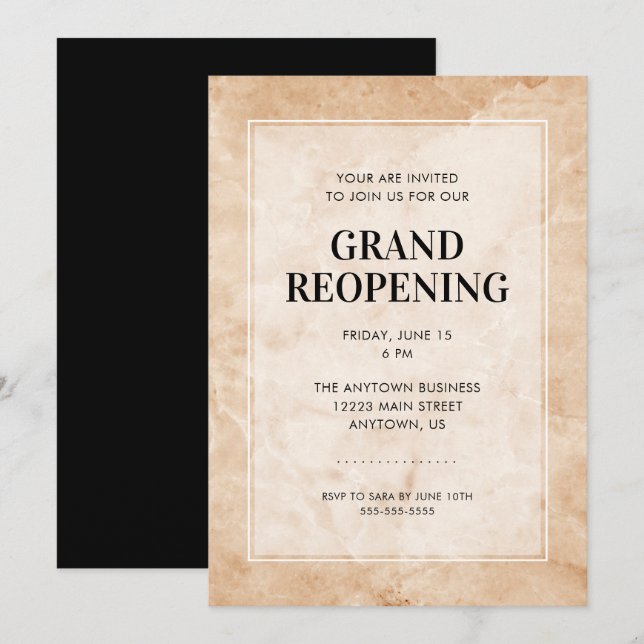 Invitación Gran evento de reapertura fondo de mármol estilo (Anverso / Reverso)